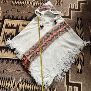 Ivory Hooded Fringe Poncho with Multicolor Diamond Stripe